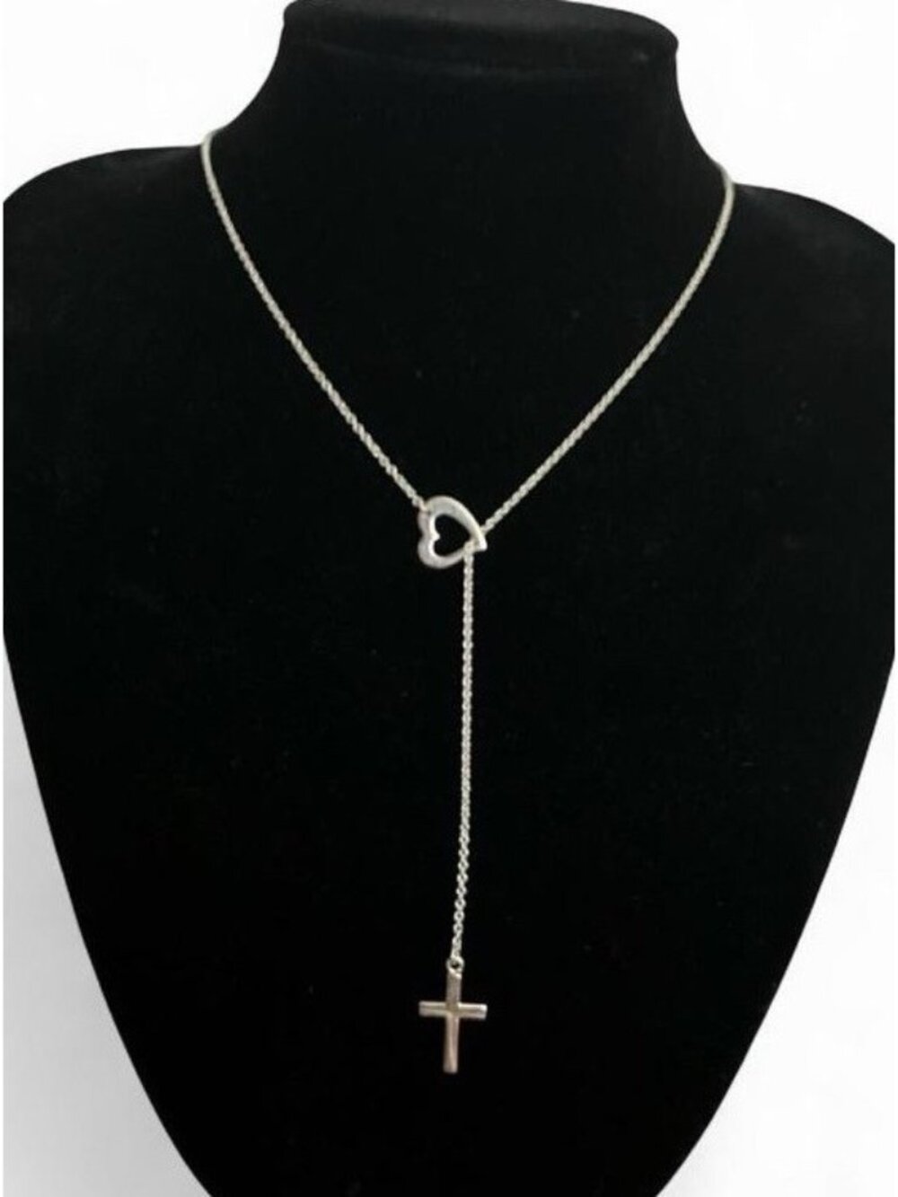 Silver Tone Heart & Cross Y Lariat Necklace Gothic Y2K
